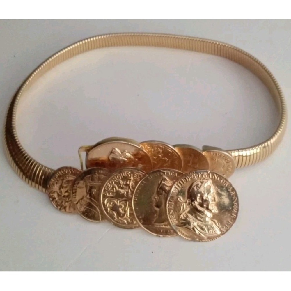 Vintage Gold Tone Coin Belt Elastic Stretch Waist Belt‎ Fashion Accessory